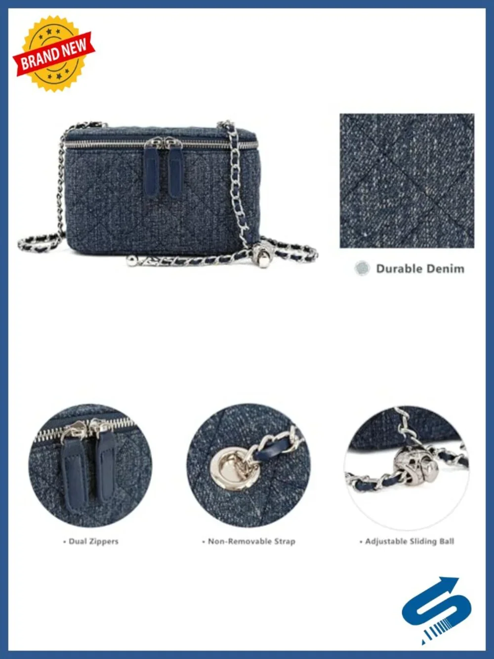 Quilted Denim Mini Crossbody Bag with Chain Strap, Boxy Vanity Case Satchel